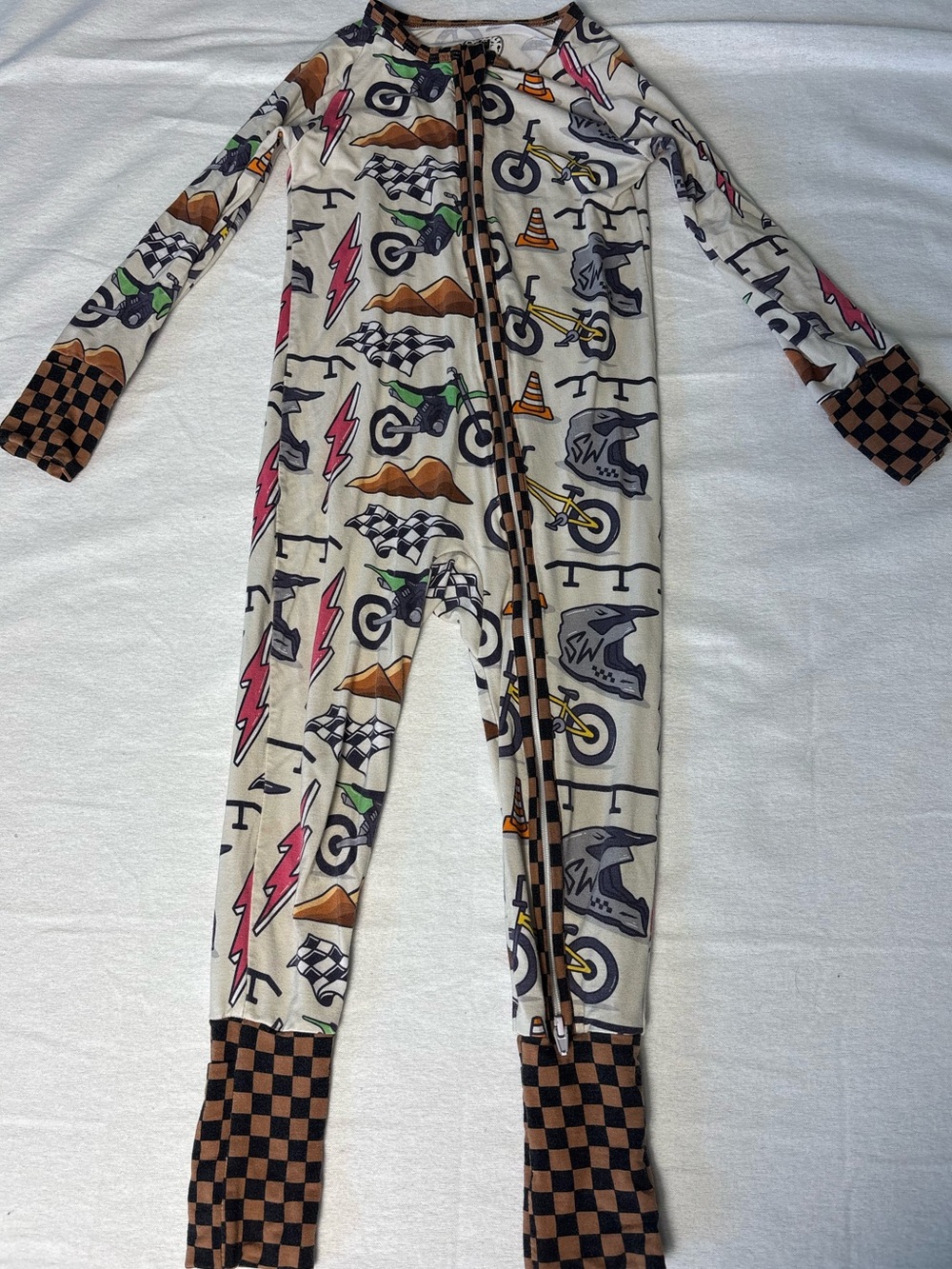 Kids Cream Motorcycle Print One-Piece Bamboo Pajamas with Brown Check Cuffs